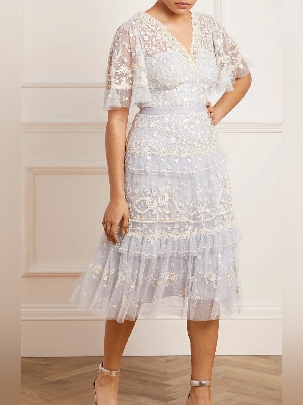 Needle & Thread Pale Blue Embroidered Tiered Midi Skirt